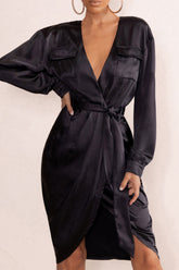 Black Satin Plunge Neck Midi Dress With Belt Detail